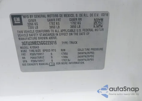 2016 GMC Sierra K1500 Sle from USA, damaged, VIN 3GTU2MEC5GG223016